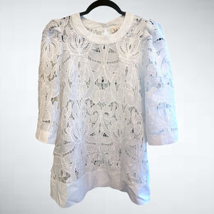 POL Oversized Eyelet Short Sleeve Top in White Size S